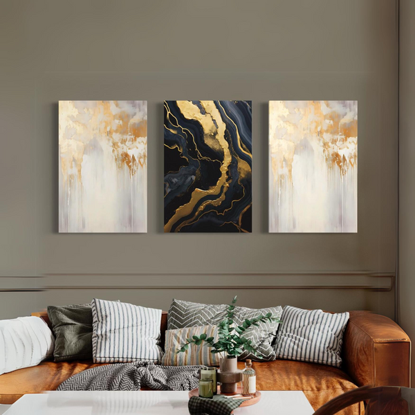 Gilded Marble Symphony: Golden-Black Abstract Canvas Trio Modern Abstract Canvas Painting