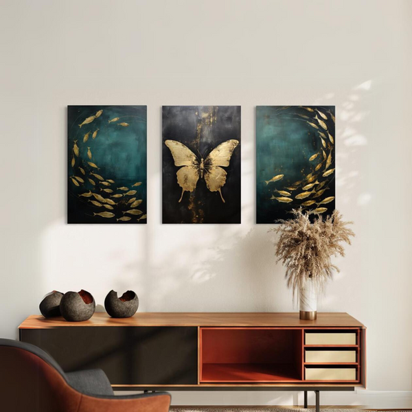 Golden Serenity: 3-Piece Teal Butterfly & Fishes Canvas Art Set