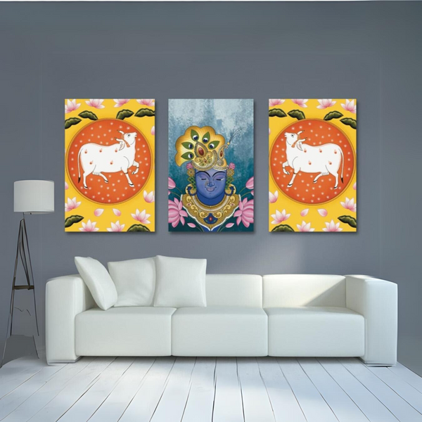 INDIAN COLOURFUL SHREENATH JI PICHWAI Painting (Set of 3) | High Quality Giclee Print | Ready to hang