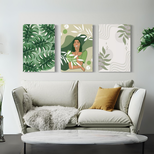 Boho Chic Canvas Painting in green featuring a lady (Set of 3)