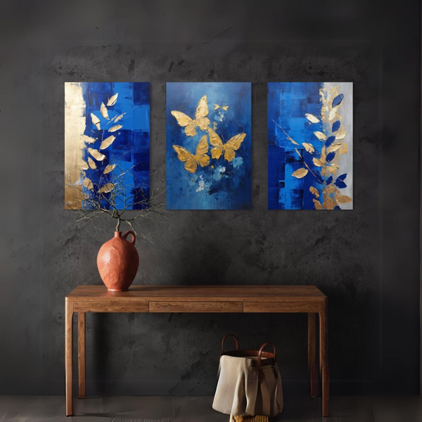 Golden Butterfly and Leaves Abstract Canvas Art Set Set of 3