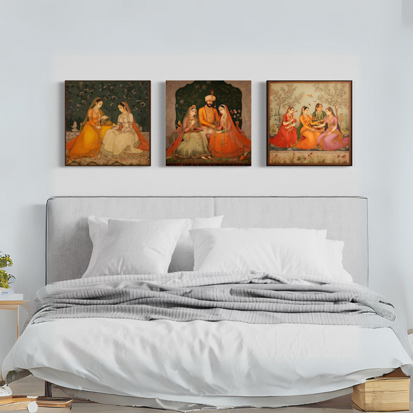 Mughal Elegance Trio: Canvas Paintings Inspired by Royal Life | Ready to hang | Mughal art