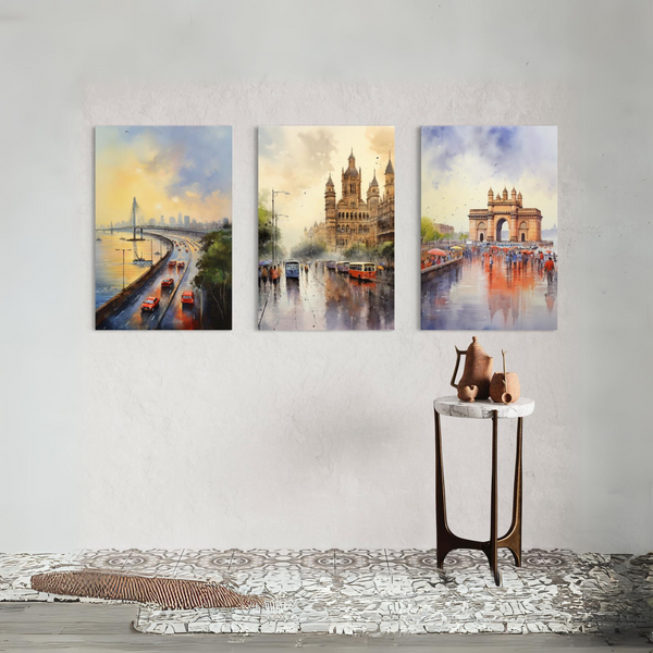 Mumbai Cityscape Watercolor Canvas Set | 12X18 , 24X16 and 30X20 inches | Ready to hang