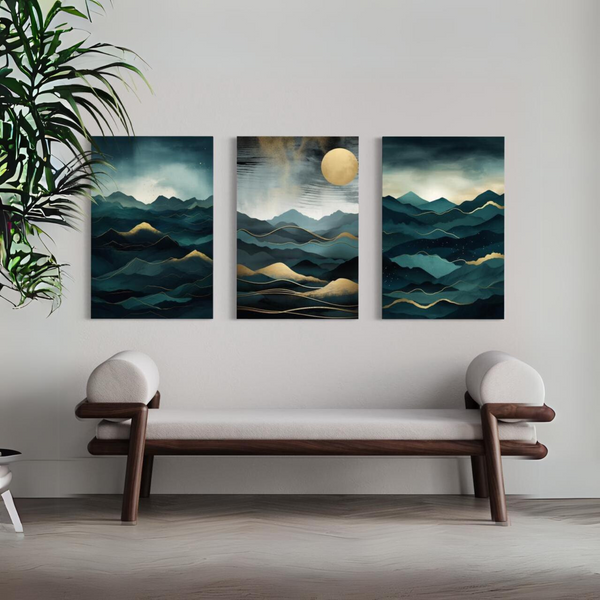 Mystic Mountain Sunrise: Set of 3 Abstract Canvas Paintings | Ready to hang