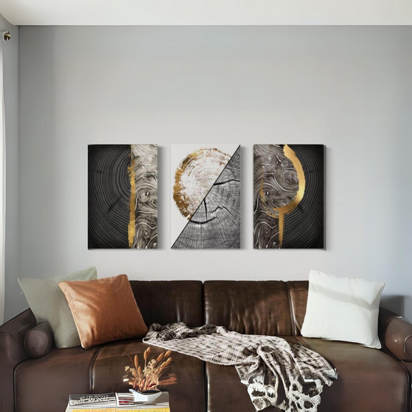 Golden Noir Trifecta: Abstract Canvas Trio in Glowing Onyx Tones