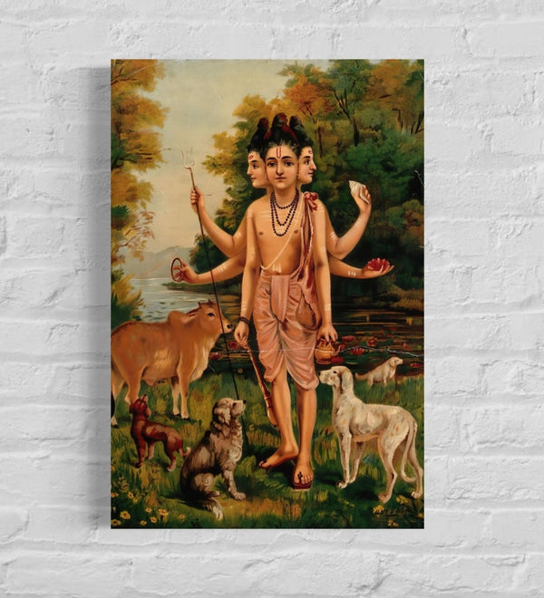 Dattatreya with his four dogs and cow by Raja Ravi Varma | Famous Canvas Painting