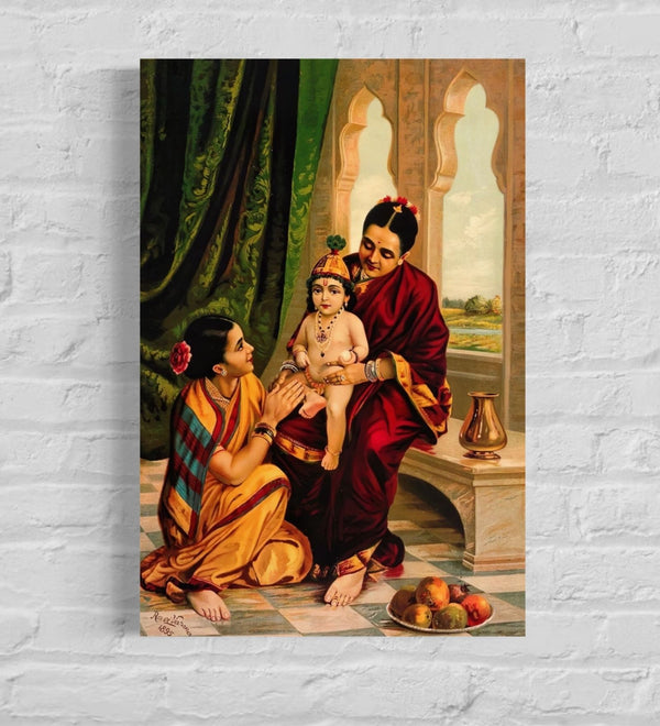 Infant Krishna Sitting On Yashoda's Lap by Raja Ravi Varma | Famous Canvas Painting