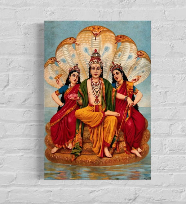 Vishnu flanked by two wives resting on Shesa, the serpent by Raja Ravi Varma | Famous Canvas Painting