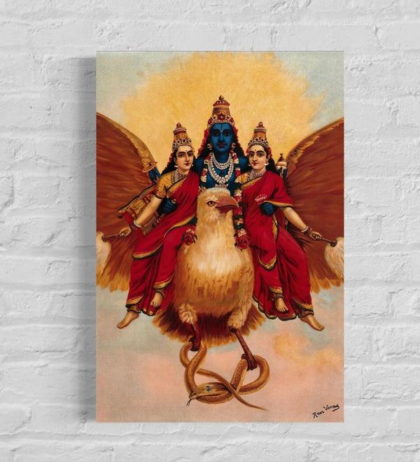 Vishnu on Garuda with his consorts by Raja Ravi Varma | Famous Canvas Painting