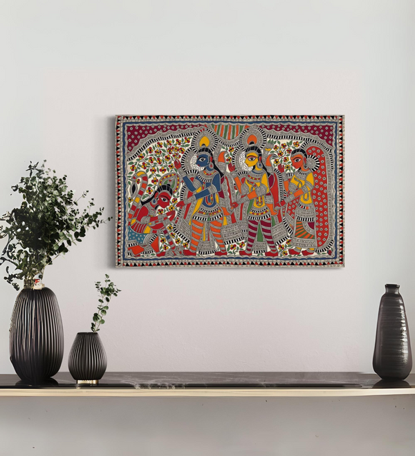 Matte Ram Janki Darbar Madhubani Painting - Exquisite Canvas Giclee Print in 24X16 & 30x20 Inches | Illuminate Your Space