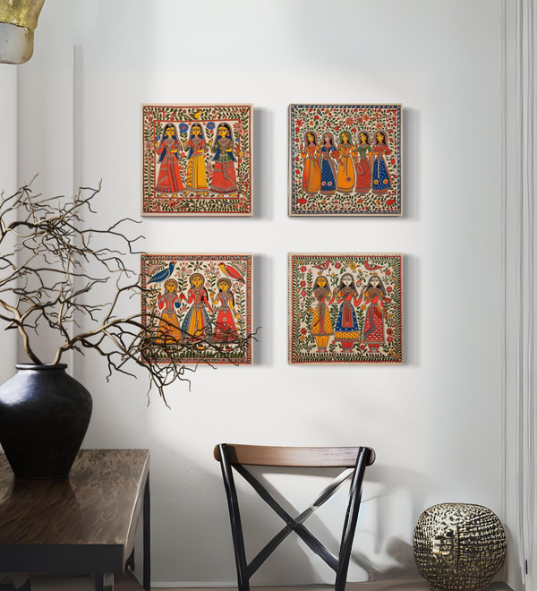 Set of 4 Madhubani Painting Canvas Prints, Celebrating Life's Simple Joys | Harmony Blooms