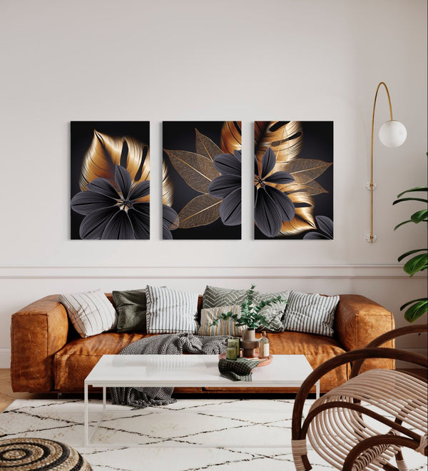Modern Abstract Canvas Painting Golden Black Leaves and Flowers Art Prints | Set of 3 giclee prints | Ready to hang