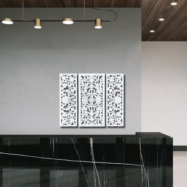 Set of 3 Designer Wooden Jali Modern Hand Carved Mural Wall Art - White Collection