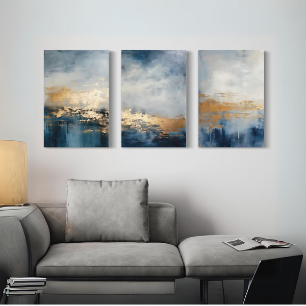 Golden-Blue Abstract Canvas Trio Modern Abstract Canvas Painting | Ethereal Horizons