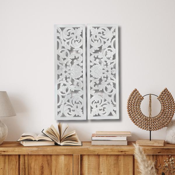 Set of 2 Leaf Floral Wooden Panel Wall Art | Wooden Jali | Wooden Wall art