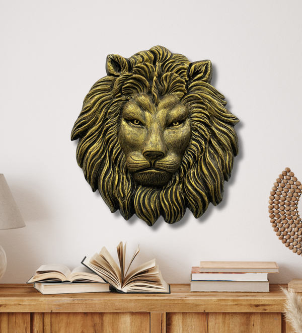 22 Inches Lion Face 3D Relief Mural Wall Art in Golden & Bronze & White