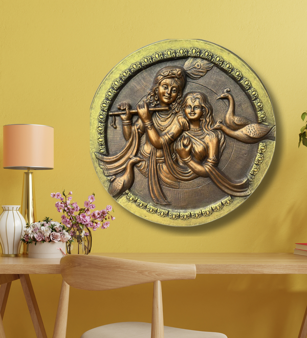 31X31 Inches Round Radha Krishna Relief Mural Wall Hanging - 3D Relief Wall Art