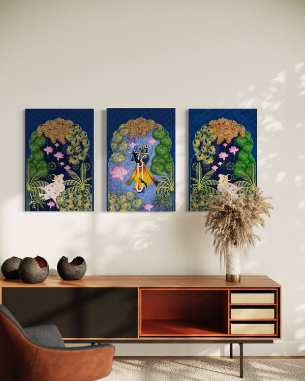 INDIAN COLOURFUL KRISHNA PICHWAI Wall Painting (Set of 3) | High Quality Giclee Print | Ready to hang