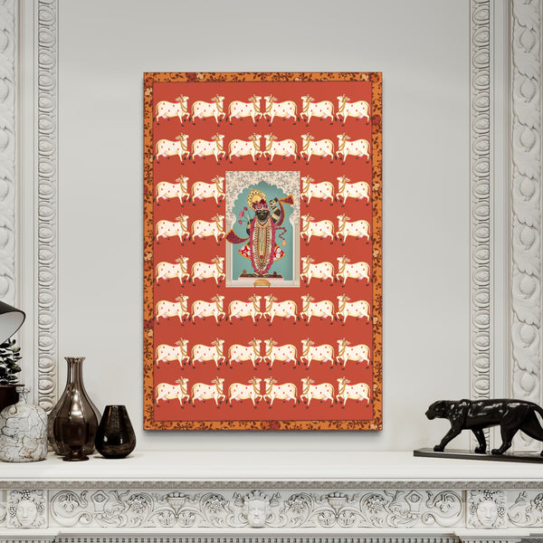 Shreenath Ji Pichwai with Cow - Exclusive Canvas Giclee Print | Red color | Divine Harmony