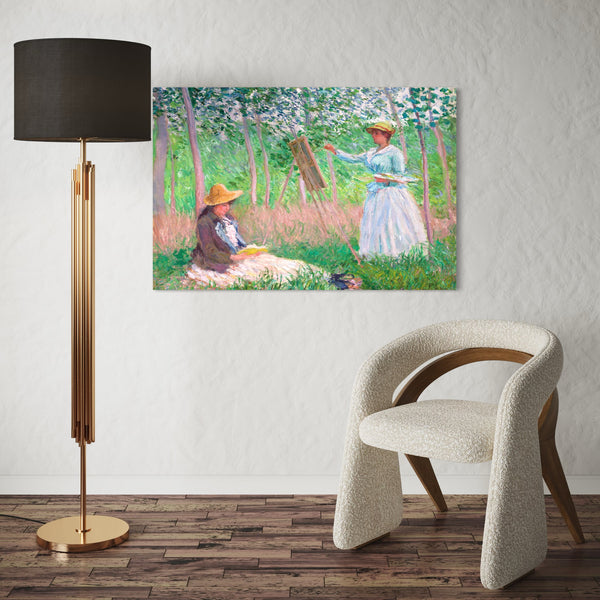 In the Woods at Giverny: Blanche Hoschede at Her Easel with Suzanne Hoschede Reading By Claude Monet Canvas Giclee Print