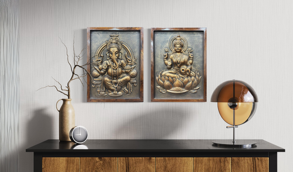 Lord Ganesh & Goddess Laxmi Relief Mural Wall Art| Set of 2 | Divine Blessings in 3D