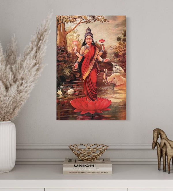 Goddess Lakshmi on her Lotus by Raja Ravi Varma | Famous Canvas Painting
