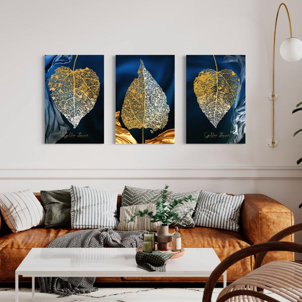 Modern Abstract Canvas Painting Peepal Leaves (Set of 3) | High Quality Giclee Print Gallery Wrapped | Ready to hang