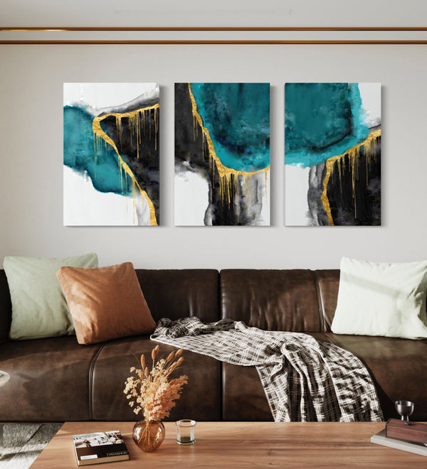 Modern Abstract Canvas Painting Teal and black -Set of 3