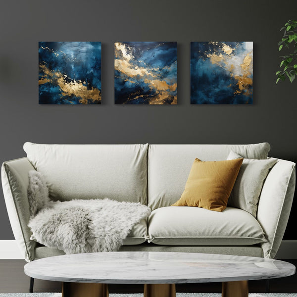 Golden-Blue Abstract Canvas Trio Modern Abstract Canvas Painting | Harmonious Reflections