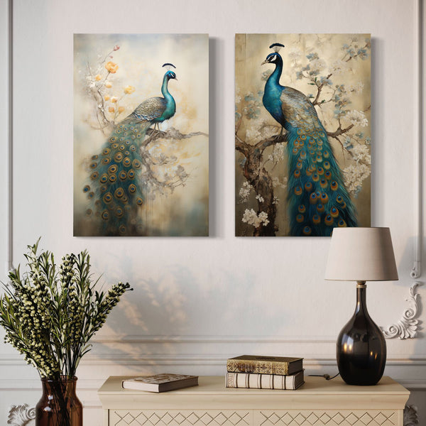 Ethereal Peacock Duets: Indian Ethnic Canvas Art Set  | High Quality Giclee Print Gallery Wrapped