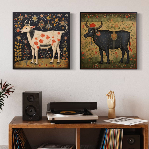 Sacred Pichwai Reverie: Set of 2 Cow Canvas Paintings | Ready to hang