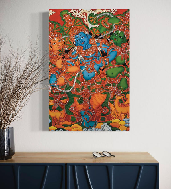 Kerala Mural Krishna with Gopis Canvas Painting | Vibrant Melodies