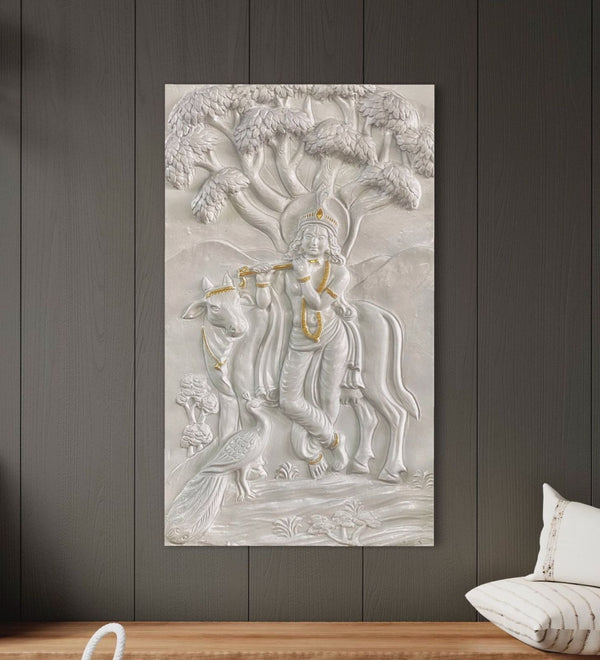 48X28 inches Divine Krishna with cow 3D Relief Mural