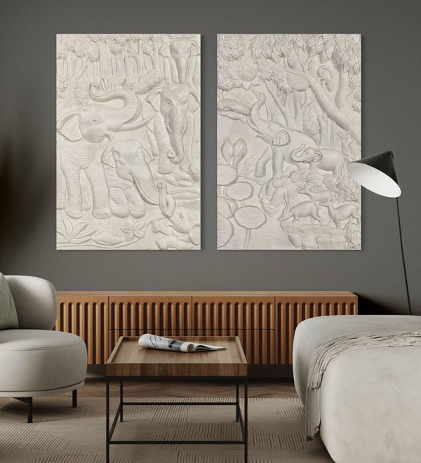 Pristine White Nature inspired 3D Relief Mural Set - Elephant, Deer, Trees
