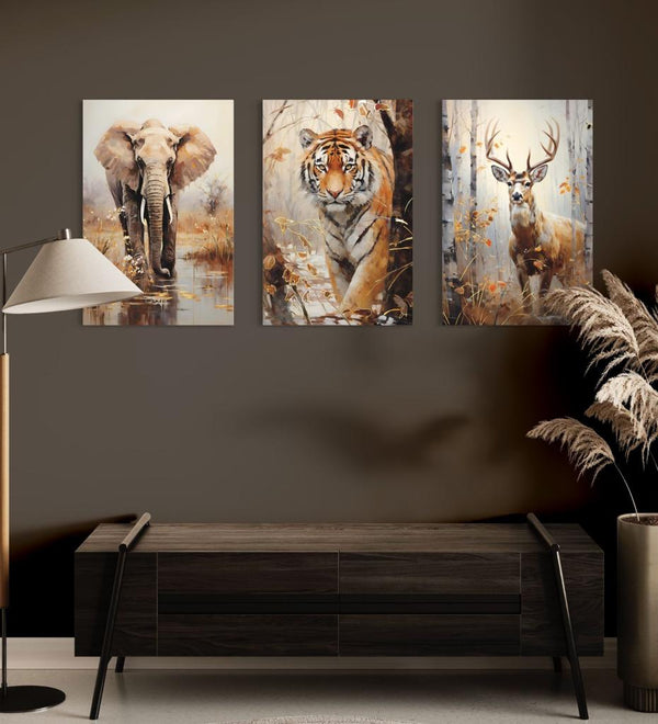 Wildlife Majesty: 3-Piece Elephant, Deer, and Tiger Jungle Canvas Set