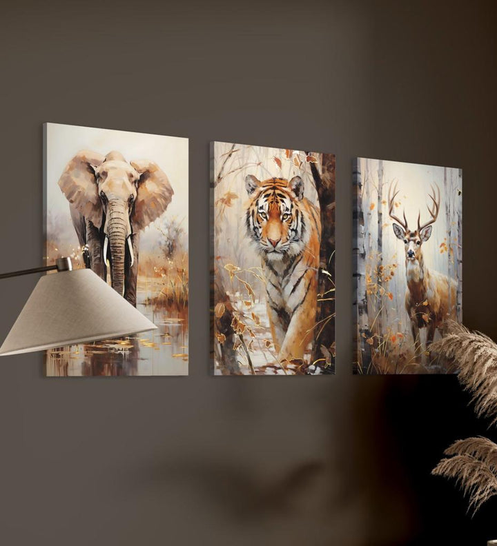 3-Piece Elephant, Deer, and Tiger Jungle Canvas Set