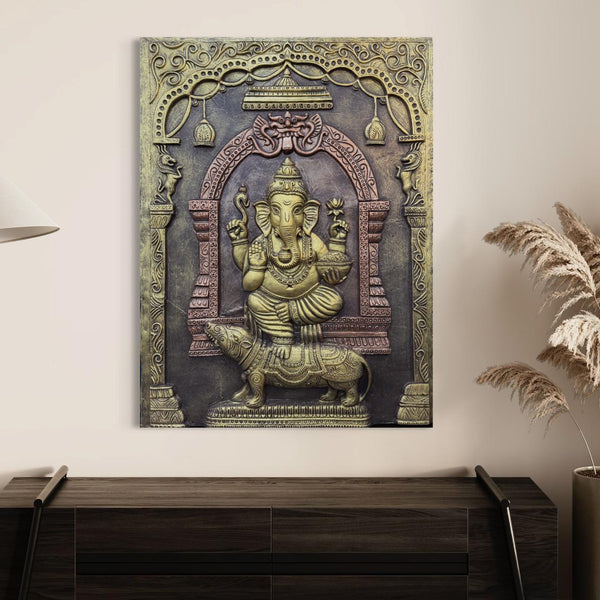 Divine Majesty: 4X3 Feet Lord Ganesha 3D Relief Mural Wall Art in Golden Bronze