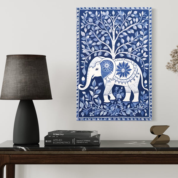 Mystical Elegance: Blue Indian Elephant Kalamkari Art In Premium Canvas Print