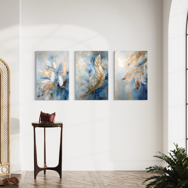 Luxury Golden & Blue Feather & Leaves Bliss: Large Modern Abstract Canvas Painting
