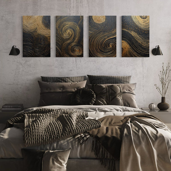 Set of 4 Modern Abstract Canvas Prints with Golden Black Marble Wood Grain Design | Golden Elegance