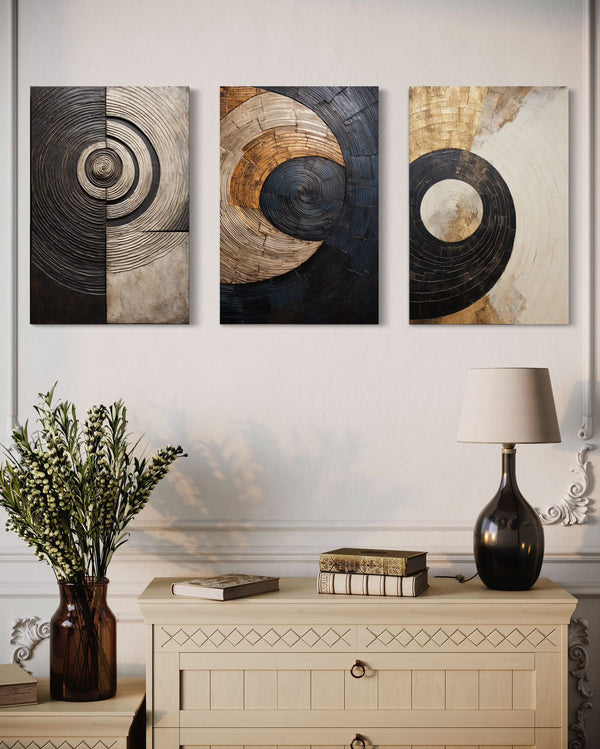 Set of 3 Golden Black Graphic Marble design  Abstract Canvas Prints | Elegance Defined