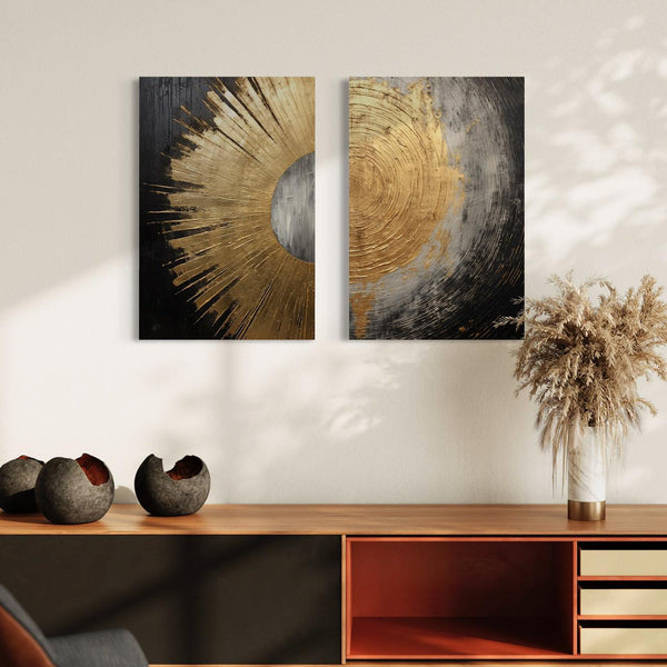 Golden Black Circular Texture design Modern Abstract Canvas | Set of 2 & Set Of 3