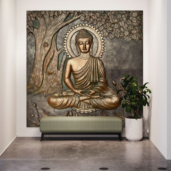Large size Buddha Under Tree 3D Relief Mural in Bronze & Golden & White in size 6X6 feet