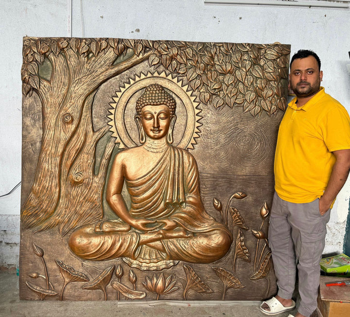 Large size Buddha Under Tree 3D Relief Mural in Bronze & Golden