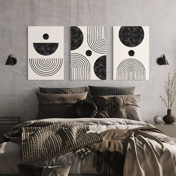 Set of 3 Abstract modern art with geometric balance shapes | Abstract arch, moon, earth print illustration | Bauhaus Art