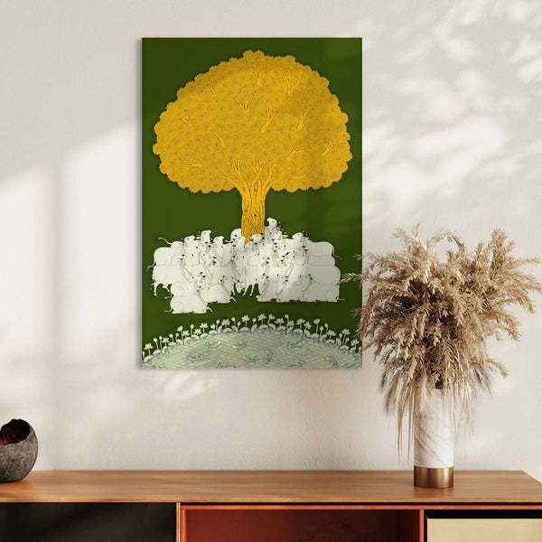 Tree of Life Green Yellow Pichwai Canvas Print - A Timeless Fusion of Art and Nature