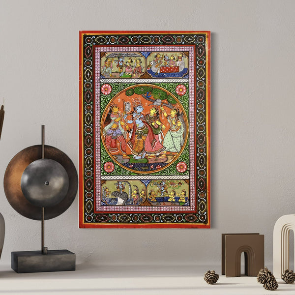 Radha Krishna RaasLeela Pattachitra Art Canvas Giclee Print |Krishna Leela (The Story of Lord Krishna) | Celestial Dance