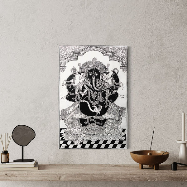 Black and White God Ganesha | Pattachitra Art Painting | Mandala | Canvas Giclee Print | Ready to Hang