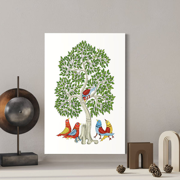 Birds under The Tree Gond Art Print – Vibrant Giclee Canvas, 24x16 & 30x20 Inches | Avian Serenity