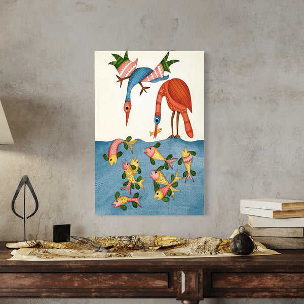 Birds and Fish Gond Art Canvas Print – Dive into Tribal Elegance | Aquatic Serenade